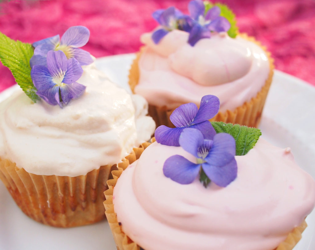 edible violets on cupcakes
